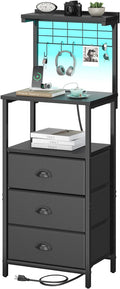 sthmec Bedside Tables Tall Nightstands with Charging Station, LED Bedside Table for Bedroom - 3 PU Fabric Drawers, Hooks, Black