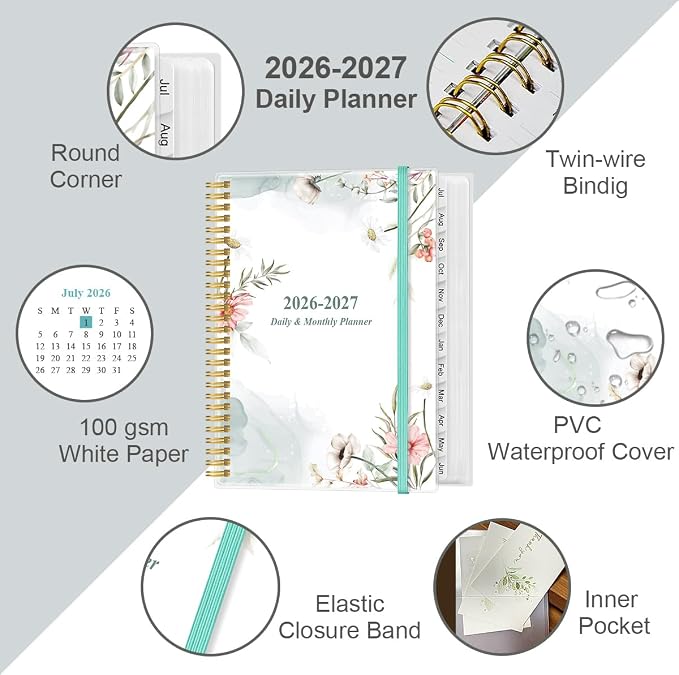 Daily Planner 2026-2027 Full Page Per Day- 2026-2027 Daily & Monthly Planner from July 2026 to June 2027, Day Planner 2026-27 with 12 Months Tabs, 8.5" x 11", Pink Flowers