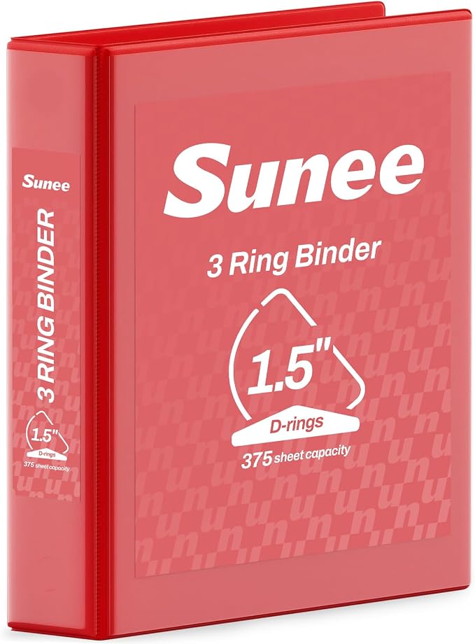 SUNEE 3 Ring Binder 1.5 Inch D Ring, Clear View Binder Three Ring PVC-Free (Fit 8.5x11 Inches) for School or Office Supplies, Dark Red, 1 Pack