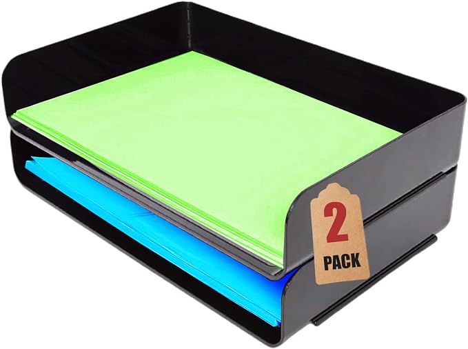 1inTheOffice Stackable Paper Tray, Legal Size Plastic Desk Tray Organizer, Side Load, Black (2 Pack)
