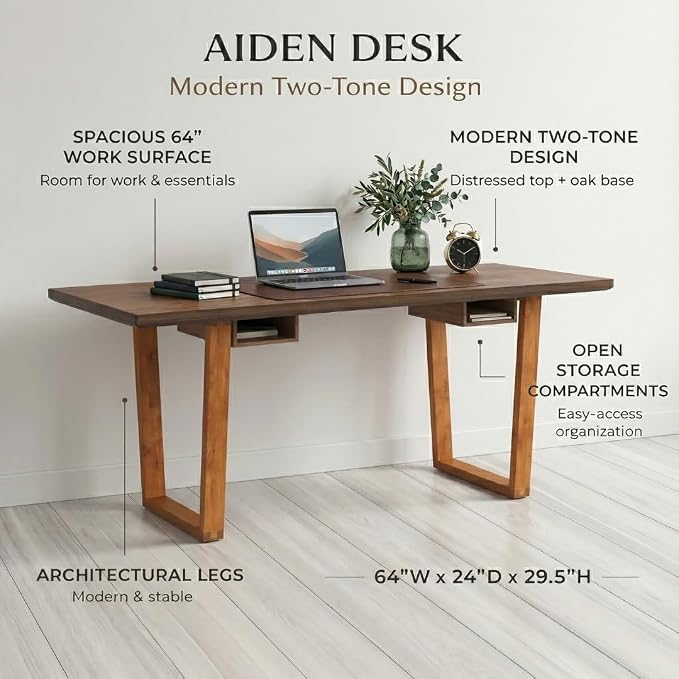 Hives & Honey Aiden Writing Desk, 64” Modern Wood Home Office Desk with Open Storage Compartments, Spacious Work Surface & Trapezoid Legs for Bedroom or Workspace, Oak