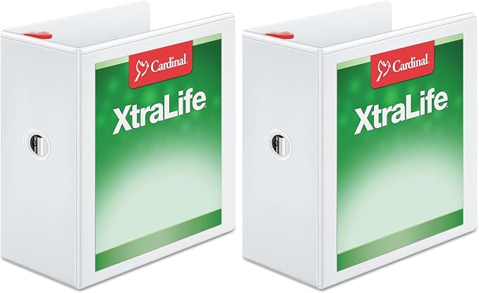 Cardinal 3 Ring Binder, 5 Inch Heavy Duty XtraLife Binder, Locking Slant-D Rings, Crack-Resistant Cover & Spine, ClearVue Covers with Shelf Pull, Holds 1,100 Sheets, White (26350) (Pack of 2)