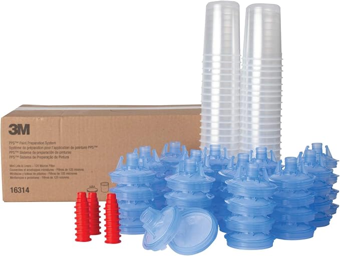 3M PPS (Original Series) Paint Spray Gun Cup Lids and Liners Kit, 16314 | Mini, 6 oz, 125-micron Filter, Use w/ Paint Gun for Cars, Furniture, Home, 50 Disposable Lids and Liners, 20 Plugs