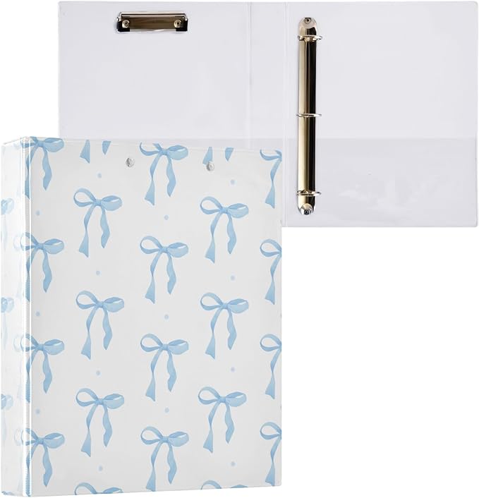 ALAZA 3 Ring Binder Blue Bow Clipboard Round Ring Binder Holds 1.5 Inch Three Binders Heavy Duty Binders for Office Supplies, 1Pack
