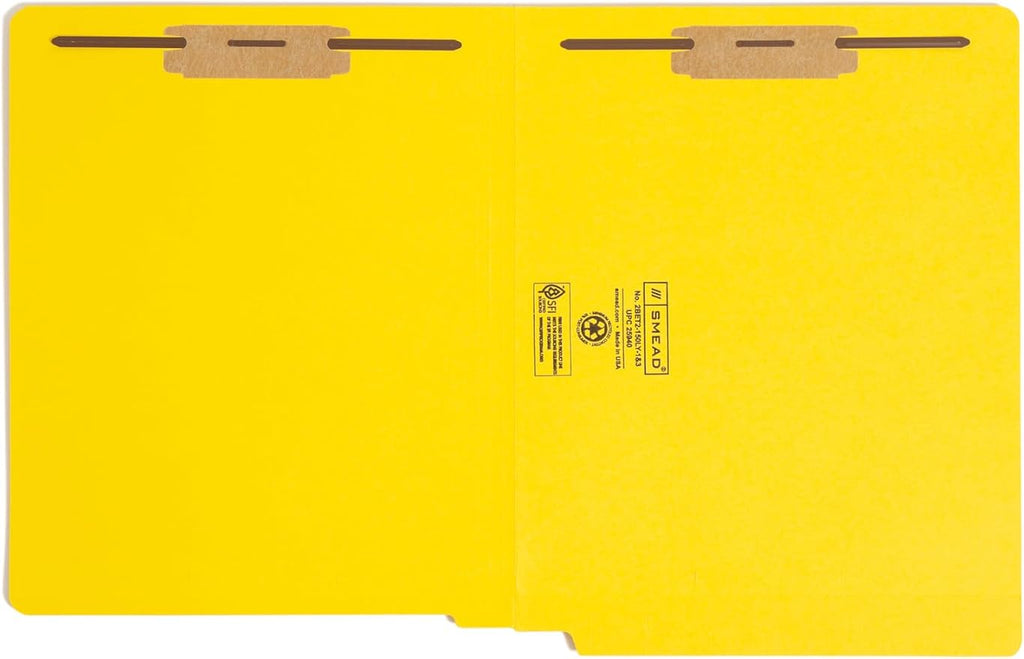 Smead End Tab Fastener File Folder, Shelf-Master® Reinforced Straight-Cut Tab, 2 Fasteners, Letter Size, Yellow, 50 per Box (25940)