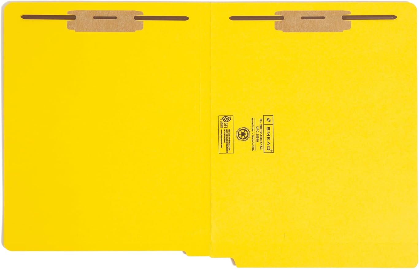 Smead End Tab Fastener File Folder, Shelf-Master® Reinforced Straight-Cut Tab, 2 Fasteners, Letter Size, Yellow, 50 per Box (25940)