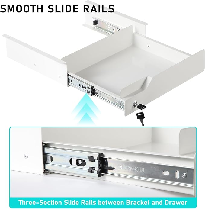Under Desk Drawer Storage with Lock, Metal Undermount Table Drawer, Ball Bearing Slides Out Tray Organizer for Paper, Pencil, and Laptop 16"x11.8"x3.6", White