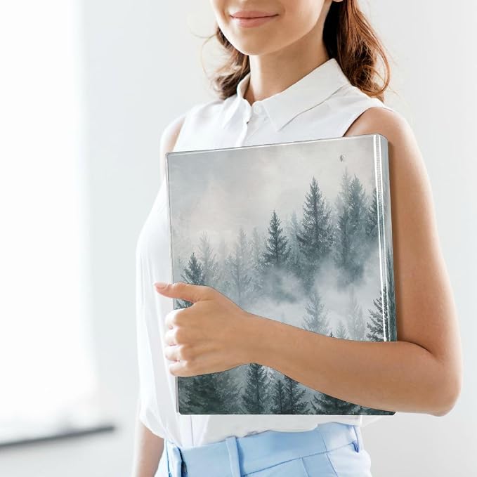 Watercolor Mist Forest Pine Tree Binder 3 Ring 1.5 Inch Binder with Clipboard&Pockets, Hardcover Binders Heavy Duty Large File Folder for Office School Supplies - Holds 200 Sheets