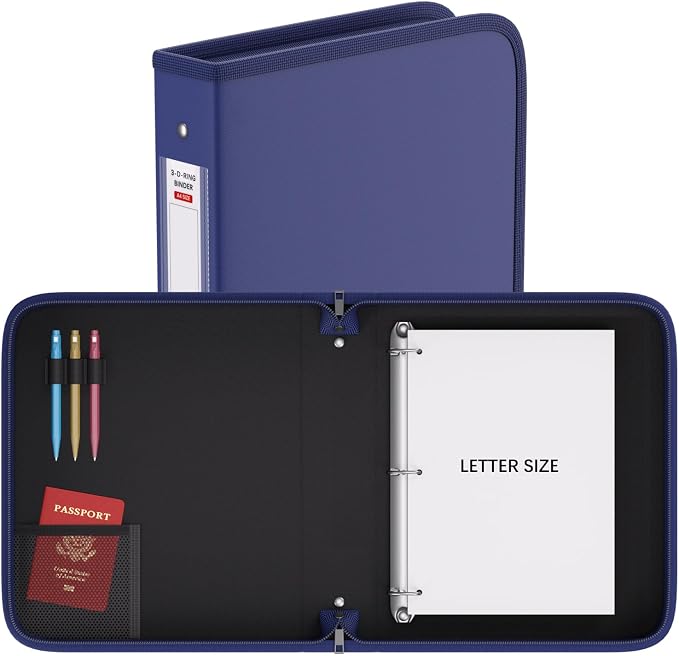 Fireproof 3 Ring Binder with Zipper, 1.5" D Rings Holds 375 Sheets | Fits Letter Size,Compatible with Clear Page Protectors,Built-in Net Pouch Pen Holder,Portable Safe Storage,1 Pack,Blue