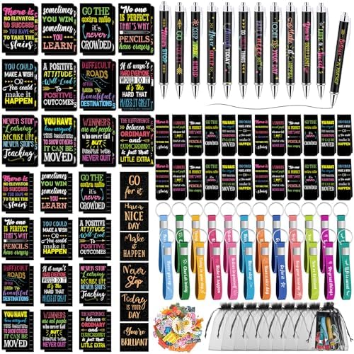 Pasimy 218 Pcs Inspirational Stationery Gifts Motivational Mini Notepad Pen Quote Bookmarks Stress Relief Stickers Inspiring Silicone Keychains for Home Office Appreciation Gift(Dark)