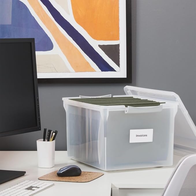 Staples Store & Slide Plastic File Box, Latching, Letter/Legal, 2/Pk | Clear, stackable box keeps hanging files secure and easy to transport.