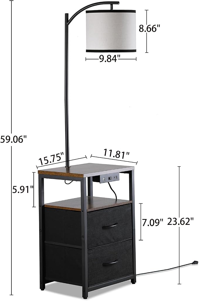 SUNMORY Floor Standing Lamp with Table & 2 Drawers, USB & AC Charging Port | 3 Color Temperature LED Bulb, Modern Nightstand for Bedroom, Shelves End Side Table Lamp for Living Room Home Office