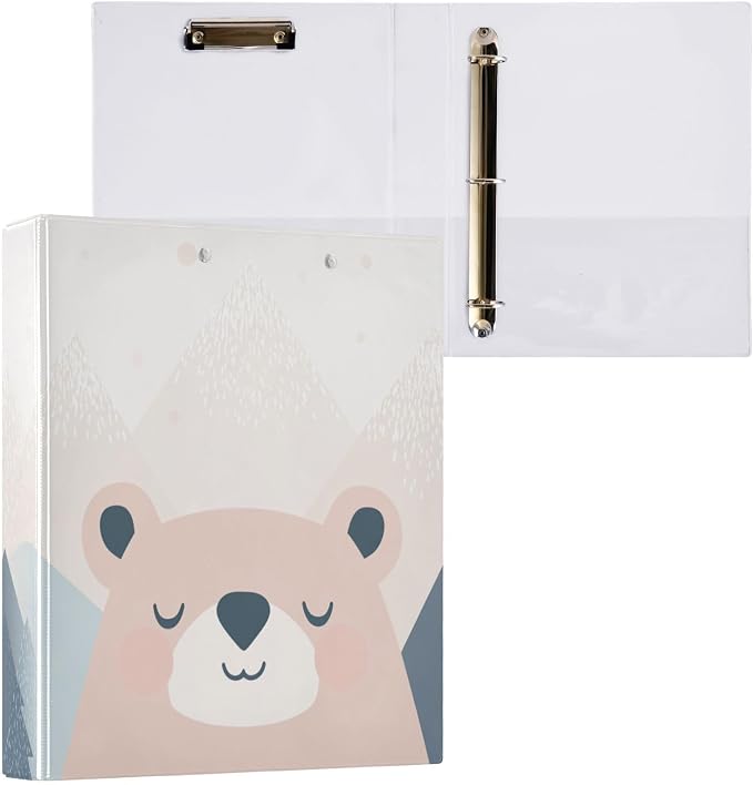Cute Bear with Mountains Binder 1.5 Inch Binder with Clipboard&Pockets, Hardcover Binders 3 Ring, Heavy Duty Large File Folder for Office School Supplies - Holds 200 Sheets