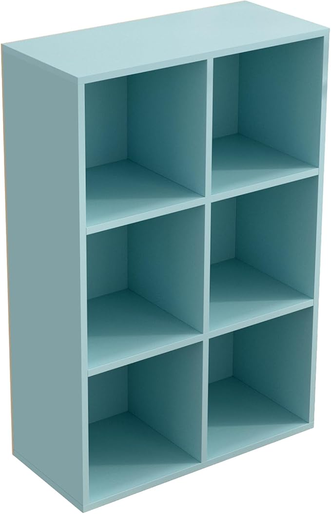 6-Cube Storage Shelf Bookcase, Light Blue | Wooden 3-Tier Open Bookshelf, Fits 11×11" Bins, Vertical or Horizontal Use, Full Back Panels, For Home Office