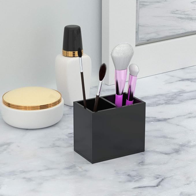 NIUBEE Black Pen Holder 2 Compartments, Acrylic Desk Pencil Organizer Cup | Scratch-resistant thick acrylic with 2 slots for pens, pencils, makeup brushes, office, vanity and school use