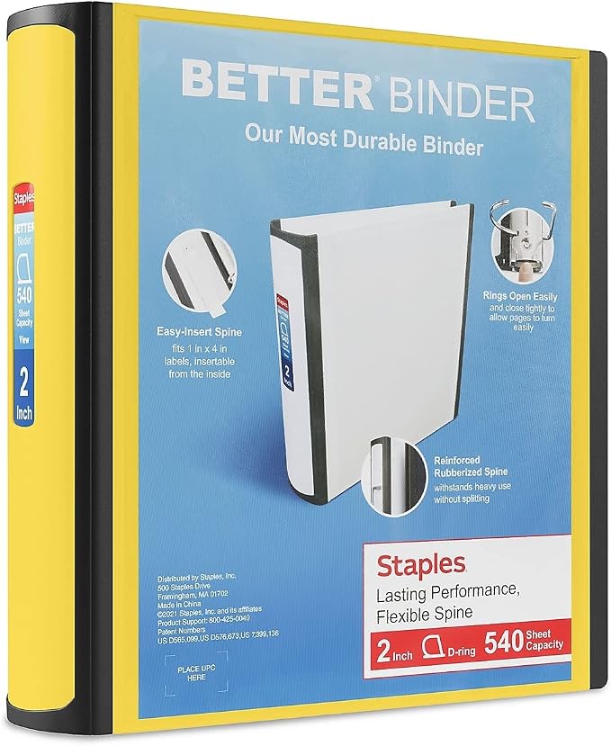 Staples Better Binder, 2 Inch 3-Ring, Yellow, Heavy-Duty | Reinforced binder built for school and office document organization.