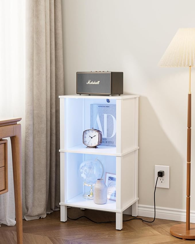 Bookshelf with LED Lights, Modern 2-Tier Bookcase, Open Storage Book Shelf, 11 × 14.2 × 27.4 Inches, Small Narrow Bookshelves for Living Room, Home Office, Bedroom, White