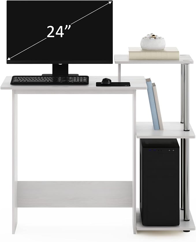 Furinno EFFICIENT Desk, 28.6" Wide Gaming Desk with 3 Open Side Shelves, Laptop Notebook Computer Desk, Office Desk for Home Office, Study Room, Dorm, Bedroom, White Oak/Stainless Steel