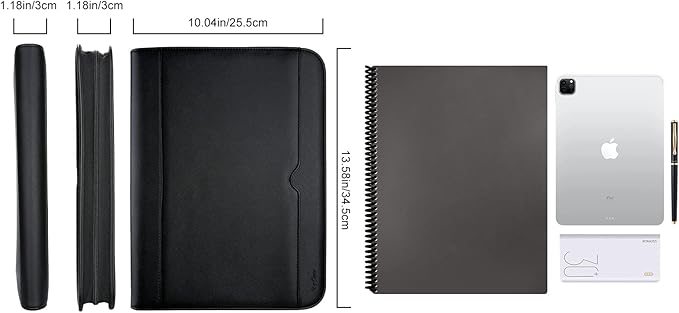 ProCase Portfolio Business Padfolio Folder with Zipper, Conference Meeting Executive File Legal Document Organizer with Pockets Letter Size A4 Writing Pad Notepad Padfolio -Black