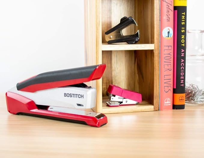 Bostitch Office InPower Spring-Powered Premium Desktop Stapler - One Finger, No Effort, Red/Silver (1117)