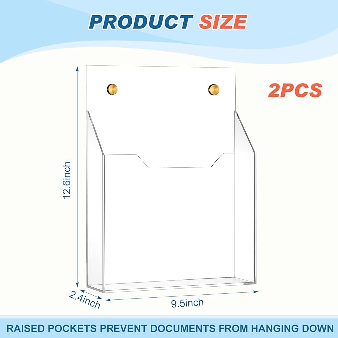 Feifeiya 2Pcs Clear Acrylic File Holder Wall Mount Mail Magazine Organizer File Holders with Screw Wall Office Document Storage Magazine Brochure (12.6"x9.5"x2.4",Widening Vertical,Clear)