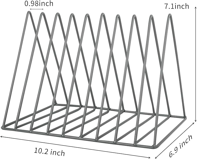 Vinyl Record Holder Storage, 9 Slot Metal Magazine Book Album Display Rack, Stylish Triangle Desktop File Sorter Organizer for Home Office, Grey Pack of 2