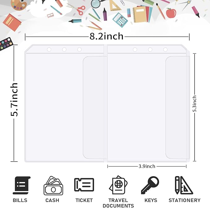 30pcs Dichotomy A5 Binder Pocket no Zipper Clear Budget Planner Inserts Bulk Binder Organizer Cash Envelopes for Budgeting Waterproof PVC Loose Leaf Bags Card Sleeves for 6 Ring Notebook