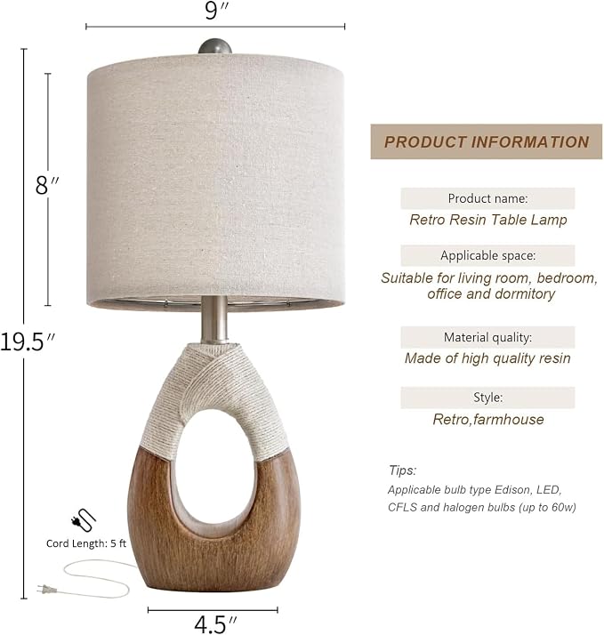 Boho Table Lamps Bedroom Living Room Set 2,Suitable for Small Space,Farmhouse RattanTable Lamp 19”Rustic Egg Design Resin Light Decoration,Nightstand Bedside Lamps for Office Study Rest