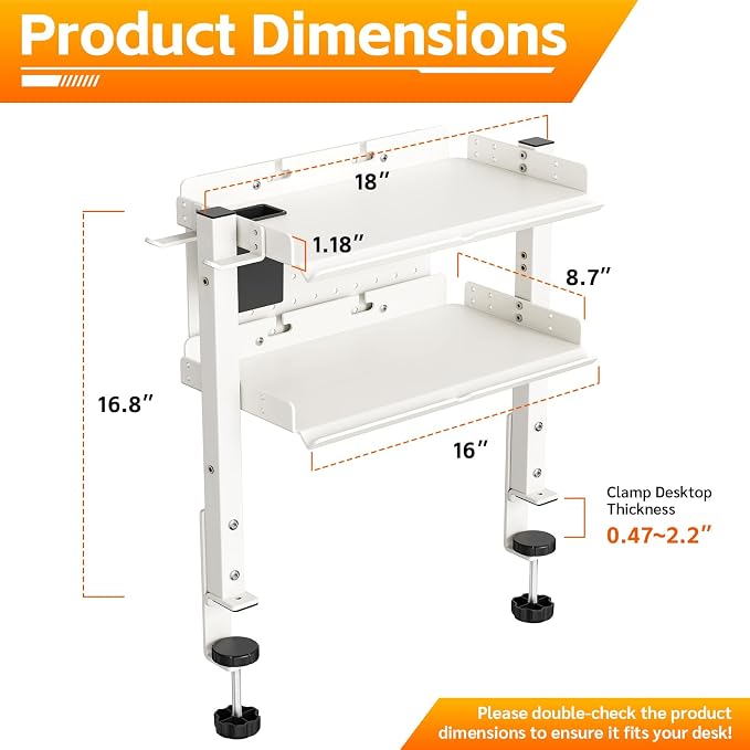 Metal Clamp On Desk Shelf,Storage Shelves with Pegboard and Pencil Holder | 2-Tier Adjustable 16 inch Above or Under Heavy Duty Desktop Organizer with Headphone Holder for Desk Accessories (White)