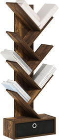 Furinno Tree Book Shelf, 7-Tier Bookshelf, Tree Bookcase with Bin Drawer, 8.4 x 16.9 x 46.2, for Living Room, Bedroom, Home Office, Amber Pine/Black