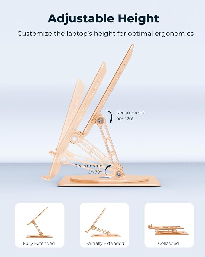 Aoviho 360° Rotating Laptop Stand for Desk | Adjustable, Foldable, Portable Aluminum Ergonomic Riser | Compatible with MacBook, Dell, HP & All Laptops 10-16 inch | Gold
