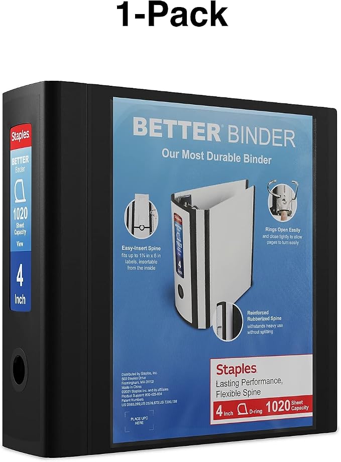 Staples Better 4-Inch D-Ring View Binder, Black, Reinforced Spine | High-capacity durable binder for everyday school and office storage.