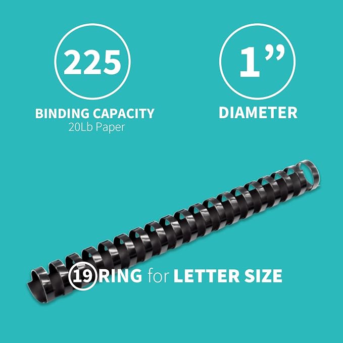 Binditek Plastic Binding Comb Spines, 1 Inch, 19 Ring, Black, 50 Pack | Plastic Binding Combs, 1 Inch Diameter, 225 Sheet Capacity, for Letter Size, for Students and Coworkers
