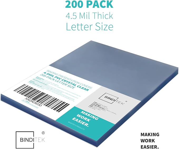 Binditek 200 Pack 4.5 Mil PVC Binding Covers, 8.5 x 11 Inches, Letter Size, Square Corners, Un-Punched, Office Supplies | Plastic Binding Covers, 8.5" x 11" Letter Size, Clear, Square Corners, Unpunched, Ideal for Business Reports and Proposals