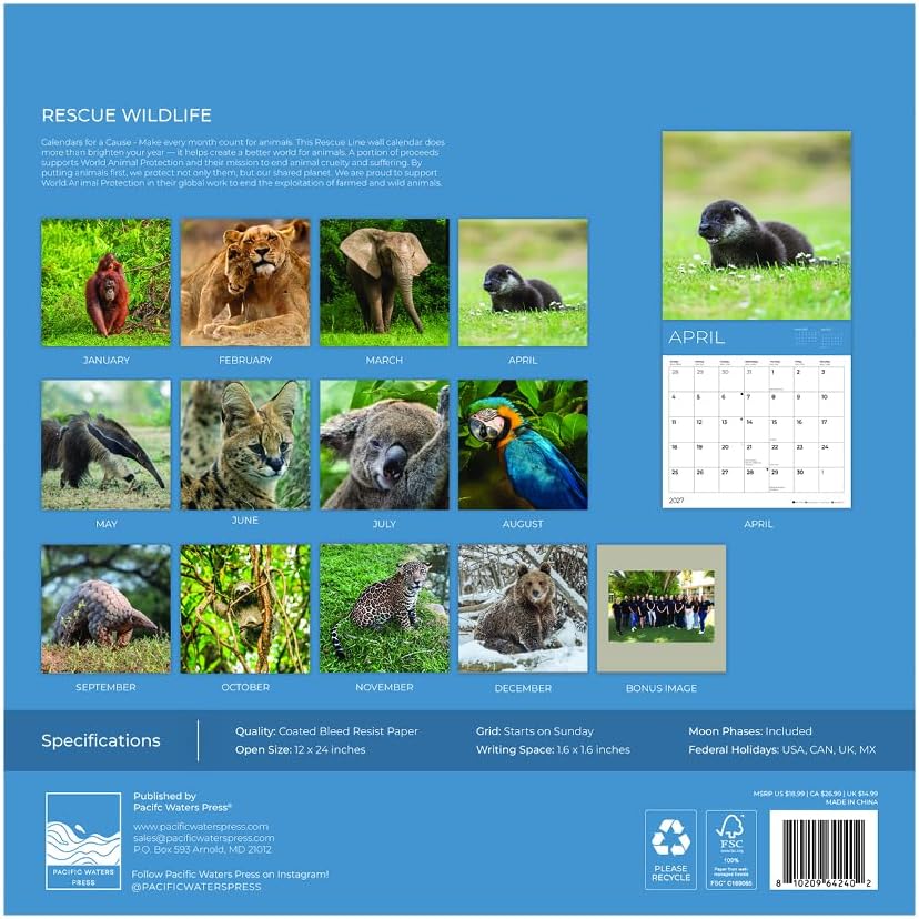 2027 Rescue Wildlife Wall Calendar, 12 x 24 Hanging Pacific Waters Press