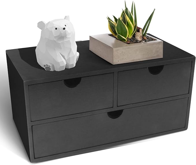Charmewooden Bamboo Desk Organizer with 3 Drawers, Countertop Organizer with Drawers Makeup Storage Drawer 3 Drawer Tabletop Storage Organization Box Home Office Workspace（Black）