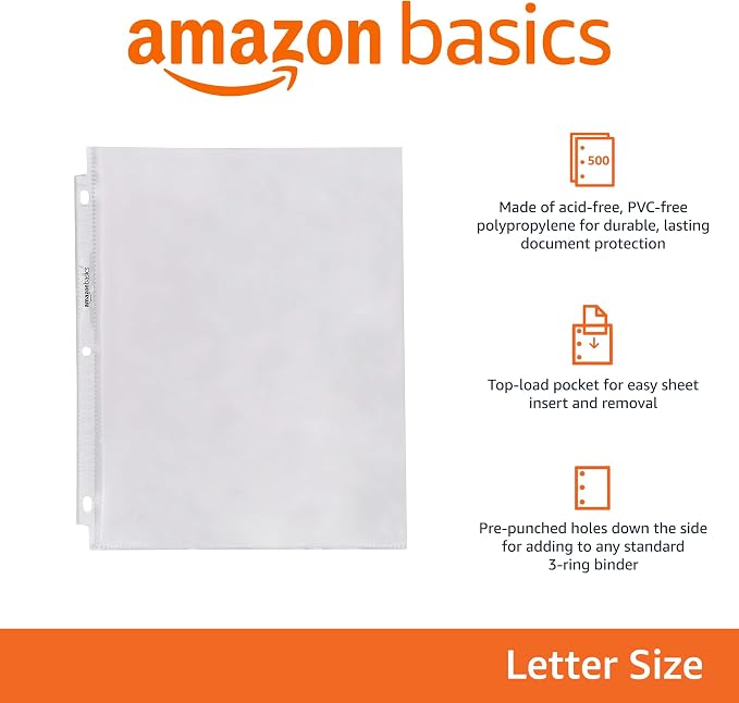 Amazon Basics Sheet Protectors for 3 Ring Binder, Heavyweight, Acid-Free, Top Loading, Polypropylene, 8.5 x 11 Inch, 500-Pack, Clear
