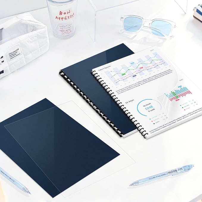 HOUYEE 100 Pack Binding Covers and Backs Set, 8.5x11 Inches, Letter Size | 50Pcs 12Mil PET Ultra Clear Binding Covers, 50Pcs 12Mil Navy Blue Plastic Sand Texture Polycovers, For Office School