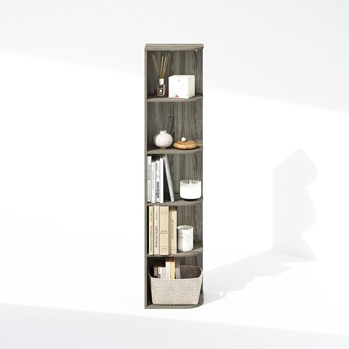 Furinno Reed Corner Shelf, 5-Tier Corner Bookshelf, Book Shelf, Corner Shelves, Storage Rack, for Organization and Storage, Home Office, Living Room, French Oak