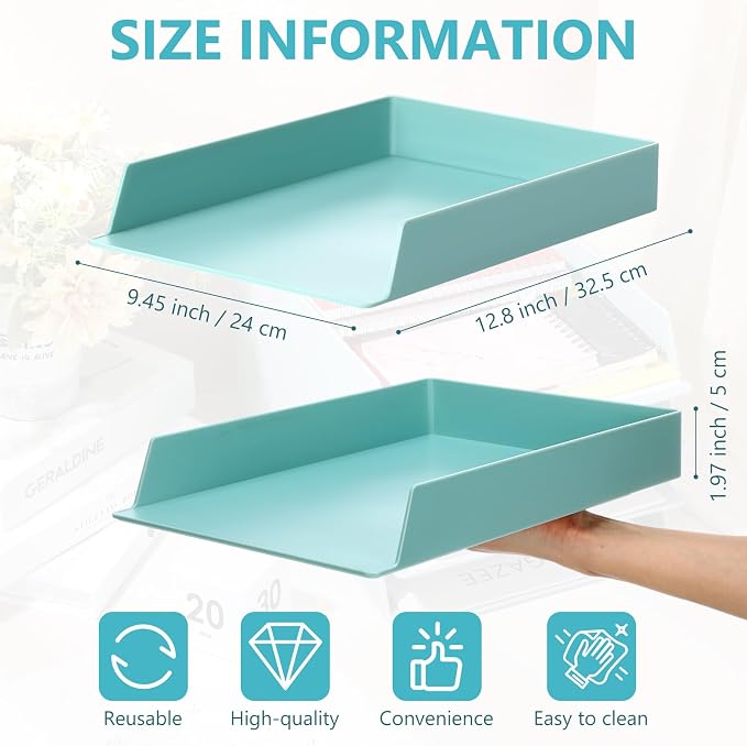 Tatuo 16 Pack Stackable Paper Trays Plastic Letter Tray Desk Organizer Paper Holder Organizer Storage Office Desk Accessories for Classroom Magazine File Documents 12.8 x 9.45 x 1.97, Blue Green