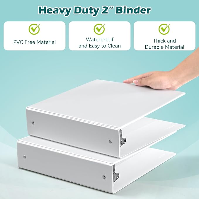 Heture 3 Ring Binder 2 Inch 6 Pack,2" Clear View with Round Rings, PVC-Free,Holds for 450 Sheets 8.5X 11 US Letter Size Paper, Durable White Binders Perfect for Office,School and Home