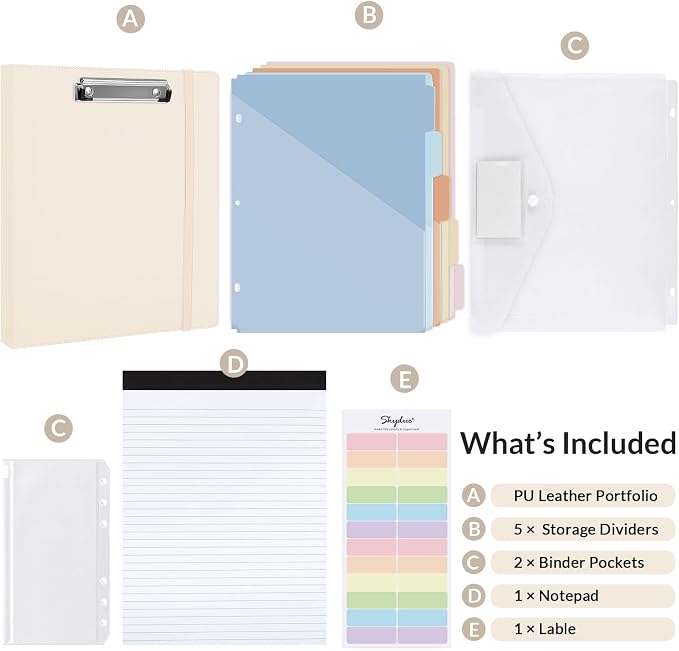 SKYDUE 3 Ring Binder with Clipboard,1 Inch Binder, 13.2" × 10.2" PU Clipboard Binder with Notepad & 5 Dividers with 5 Pockets, Labels, Clipboard Folder Great for School Office(Fit Letter Sized Paper)