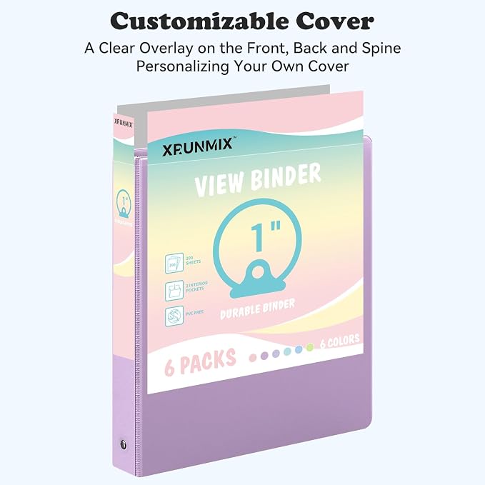 1-1/2'' 2-Inch 3-Ring Binder with Pockets, Premium View Binders with Three Ring Binders Holds up to 200/325/450 Sheets US Letter Size, Bulk Pack of 6 (1-inch Pastel 6 Packs)