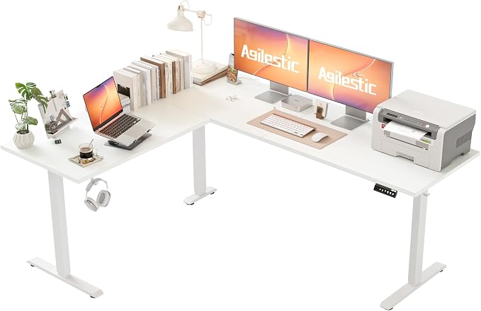 Agilestic 75 x 61 Inch L Shaped Electric Standing Desk, White | Corner Desk, Ample Workspace, Memory Presets, Hooks, Stable Steel Frame,176 lbs Capacity, Easy Assembly, Splice Board