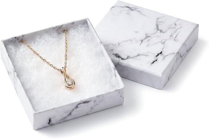 TheDisplayGuys 100 Cardboard Jewelry Gift Boxes with Inserts - Marble White | Size #33 - 3.5" x 3.5" x 1.0", Lids, Cotton Filled Padding, Kraft Paper, Bulk Pack Case, for Shipping, Organizers, Storage