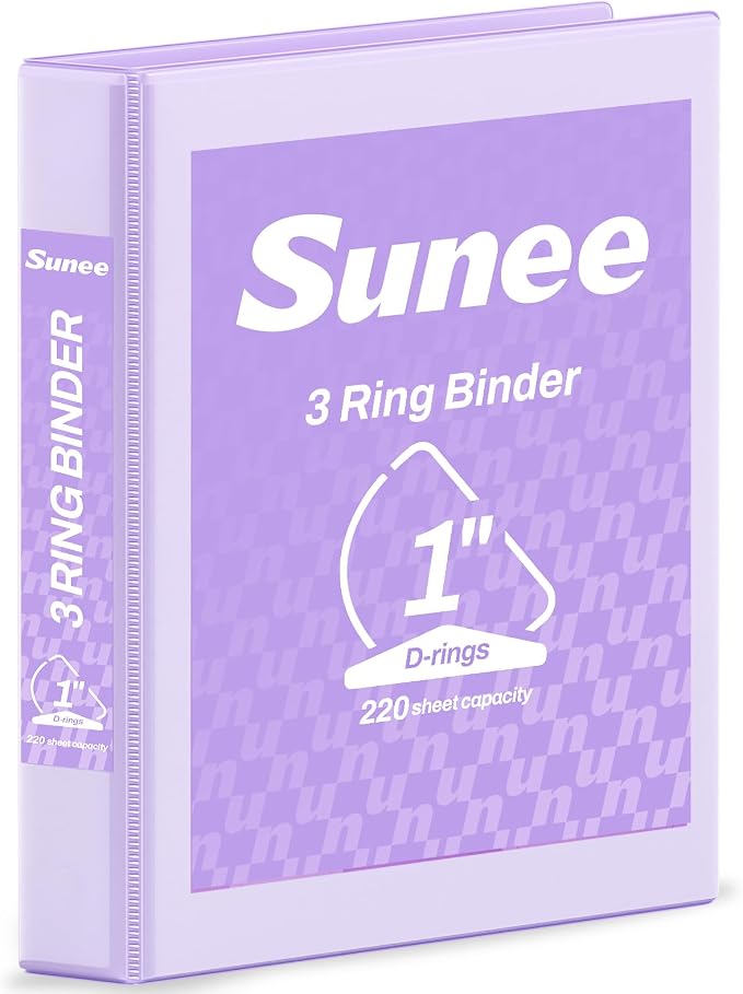 SUNEE 3 Ring Binder 1 Inch D Ring, Clear View Binder Three Ring PVC-Free (Fit 8.5x11 Inches) for School or Office Supplies, Light Purple, 1 Pack