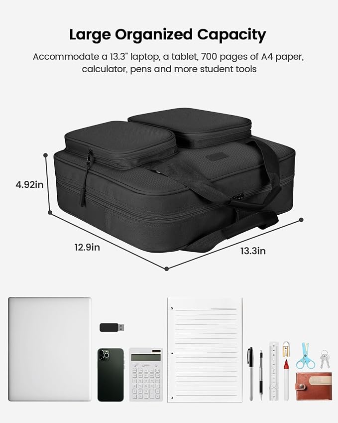 Zipper Binder 3 Inch 3 Ring with Shoulder Strap Multi-Pocket,Tough | Binder Bag with Laptop organizer for School Travel,Fit 13" MacBook & Tablet,700 Sheets Capacity,Water Resistant,Black