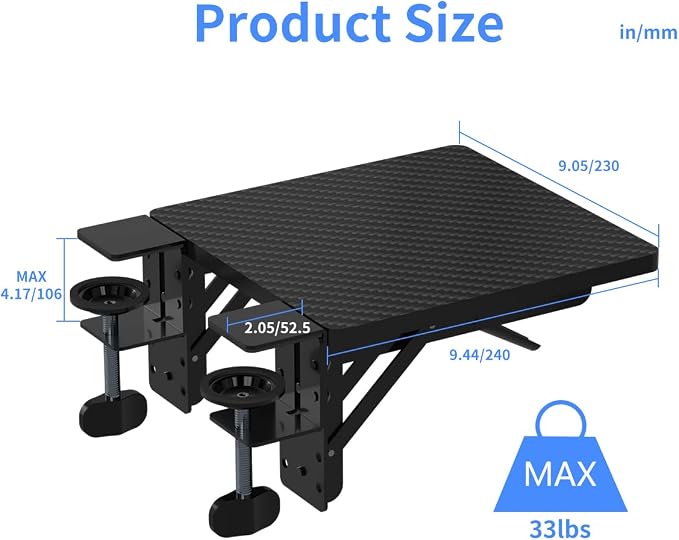 suptek Ergonomics Desk Extender Tray, 9.5"x9.1" Clamp on Table Mount Arm Wrist Rest Shelf, 90° Foldable Computer Arm Rest for Desk, Carbon Fiber, DSF3