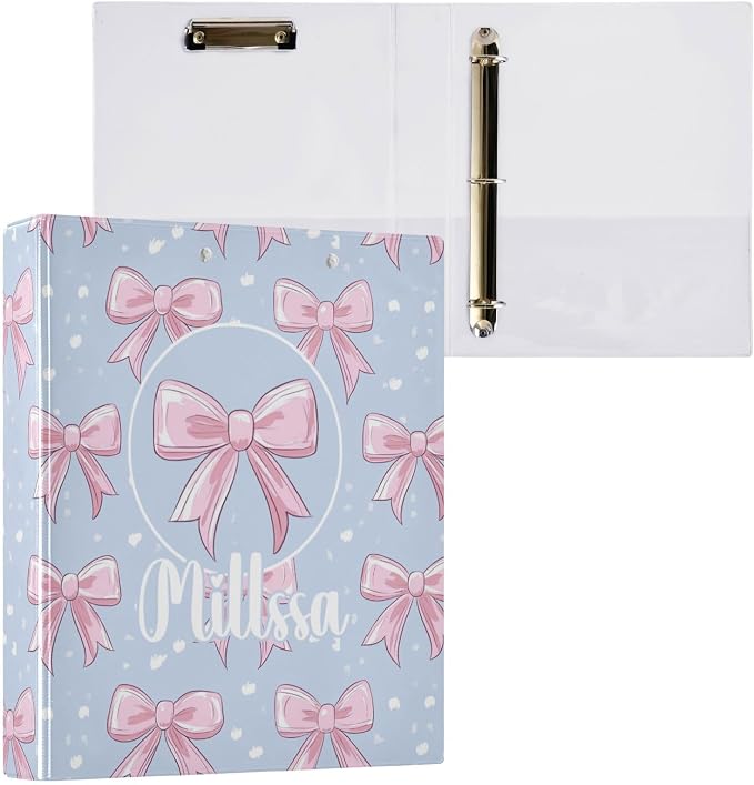 Cute Pink Bows 3 Ring Binder with Clipboard Round Ring Binders Ribbons Name Custom Binder 3 Interior Clear Pockets for Office Supplies 1 Pack