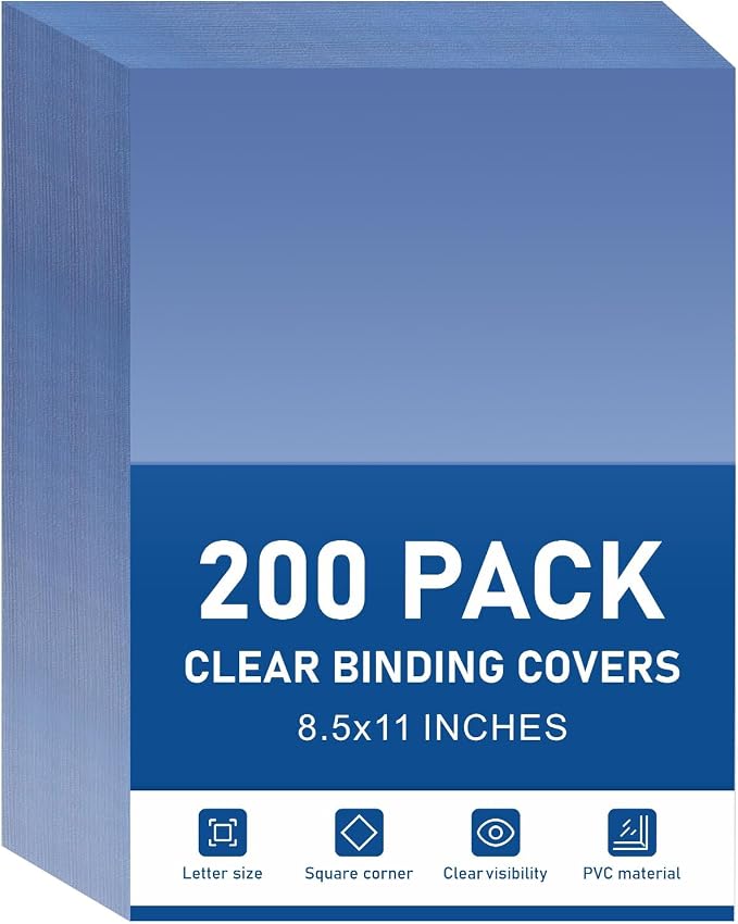 Dynta 200 Pack Binding Covers A4 Clear Report Cover | Letter Size, 8.5x11 Inches, 8 mil PVC Sheets, Square Corners, Un-Punched, Office Supplies